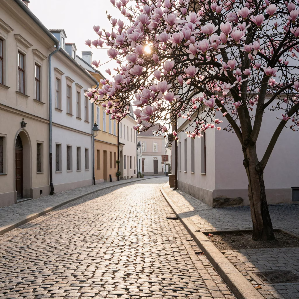 First light on Krakow cobblestone street with blooming magnolia and historic architecture in in Krakow, Poland