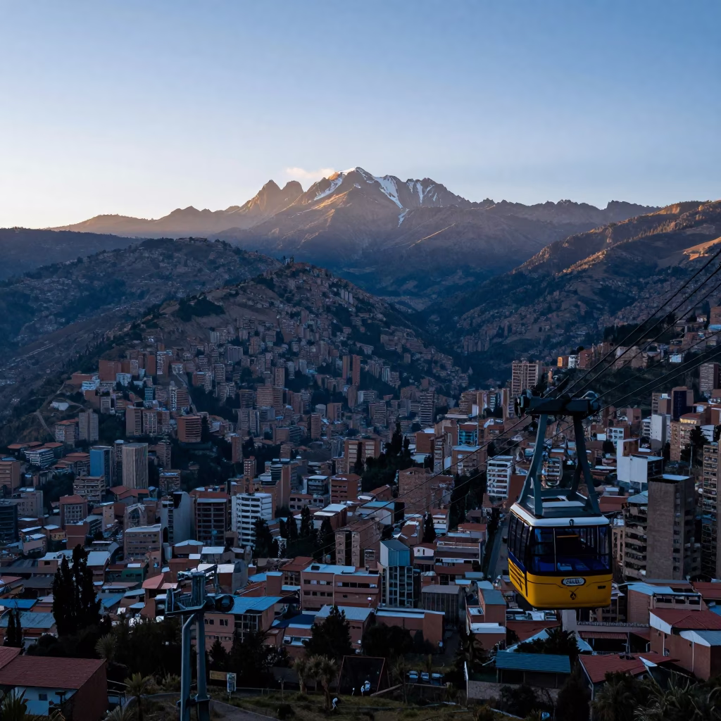 First Light on La Paz Bolivia Cable Car Tram Steep Hillside Urban Landscape in in La Paz, Bolivia