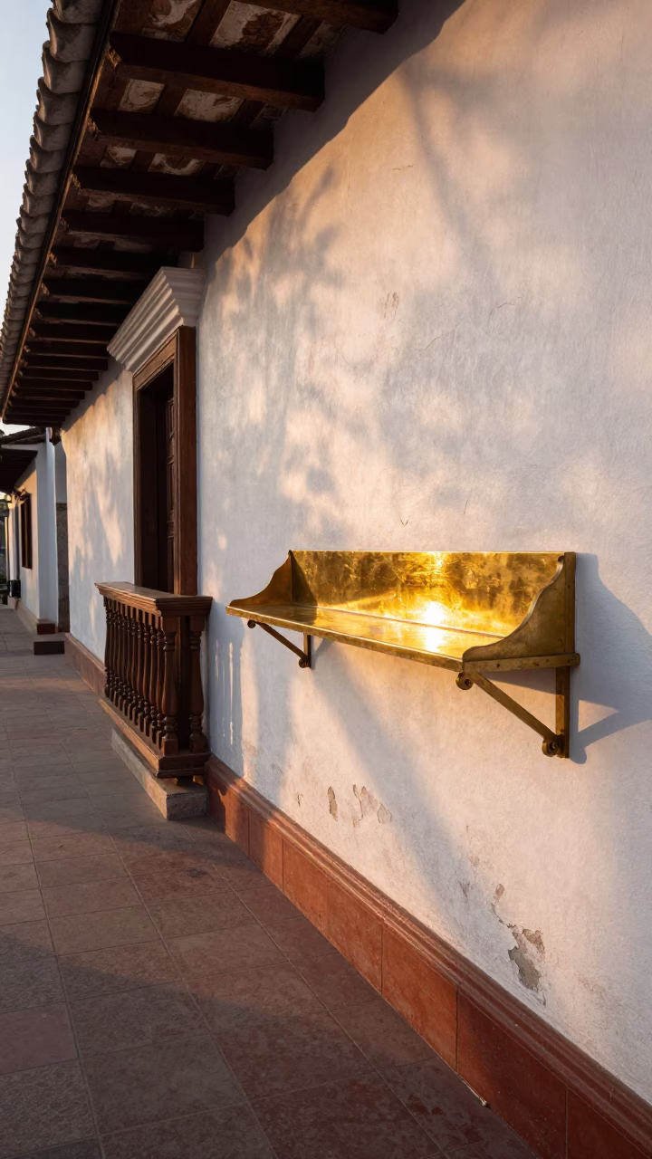 First Light on Lima Peru Colonial Balcony with Brass Shelf and Leather Basketball in in Lima, Peru