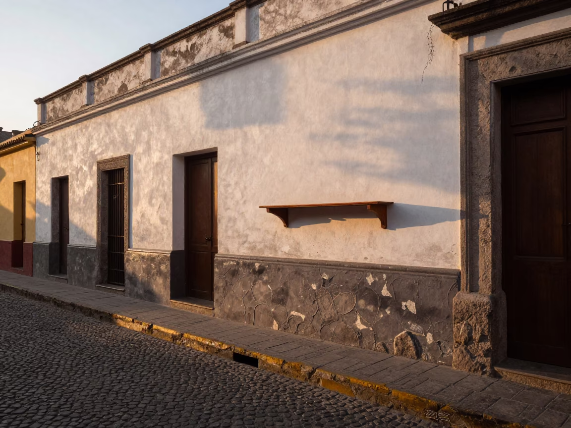 First Light on Lima Peru Street with Wall Shelf and String Lights in in Lima, Peru