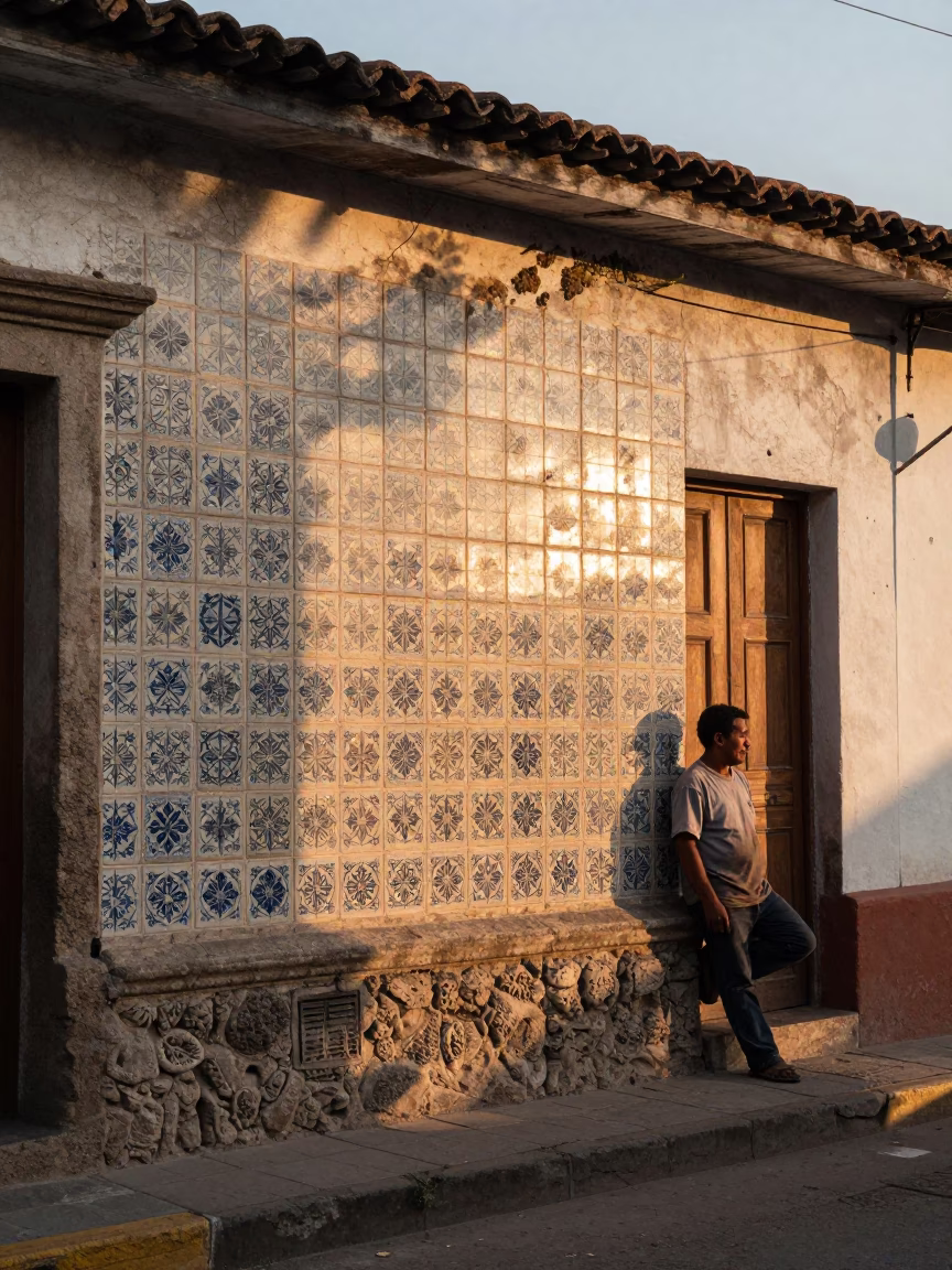 First Light on Lima Street with Ceramic Tiles and Vintage Biscuit Tin in in Lima, Peru