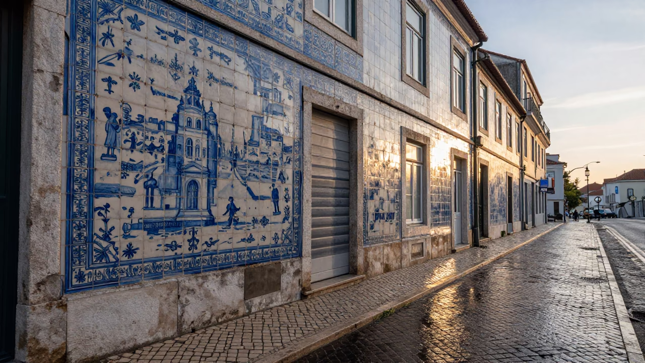 First light on Lisbon azulejo tiles with grease sheen and butter knife in in Lisbon, Portugal