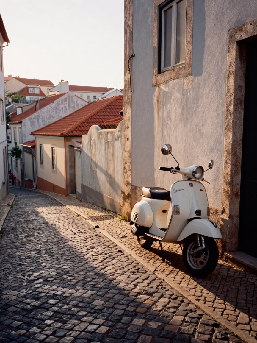 First Light on Lisbon Cobblestones with Vintage Scooter and Morning Coffee in in Lisbon, Portugal