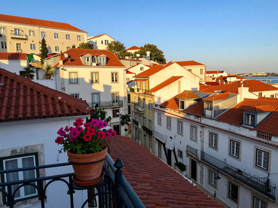 First Light on Lisbon Fado Quarter Rooftops with Blue Hydrangeas and Funicular View in in Lisbon, Portugal