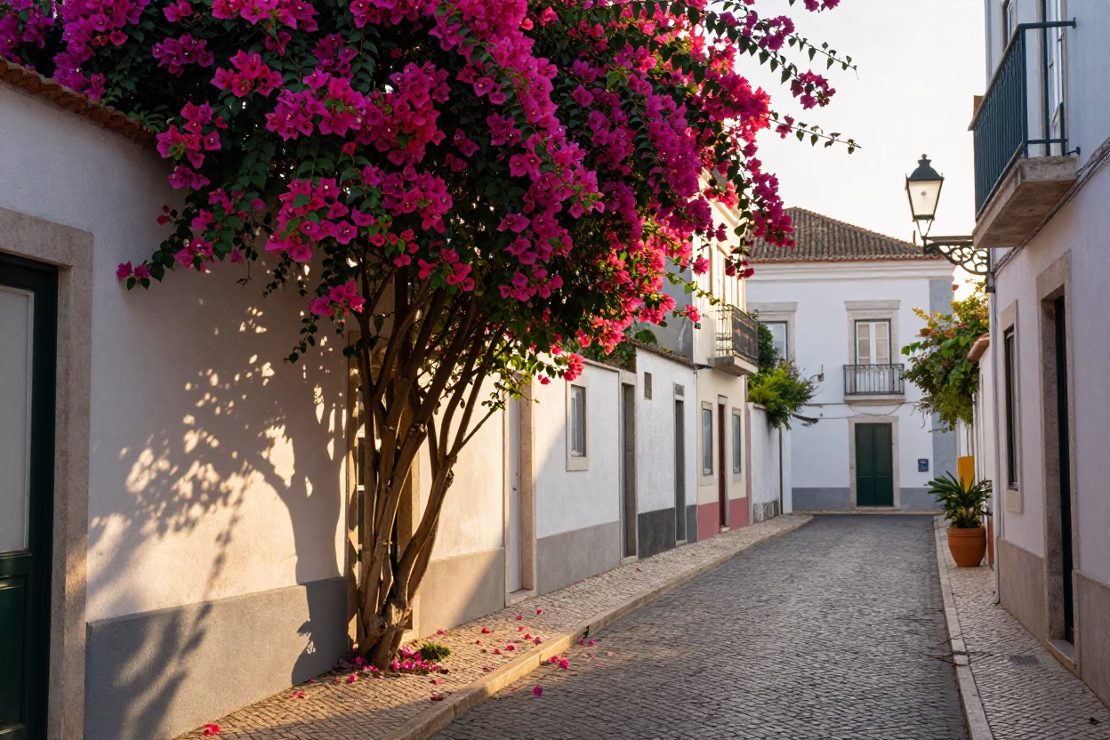 First Light on Lisbon Street with Bougainvillea and Traditional Azulejo Tiles in in Lisbon, Portugal