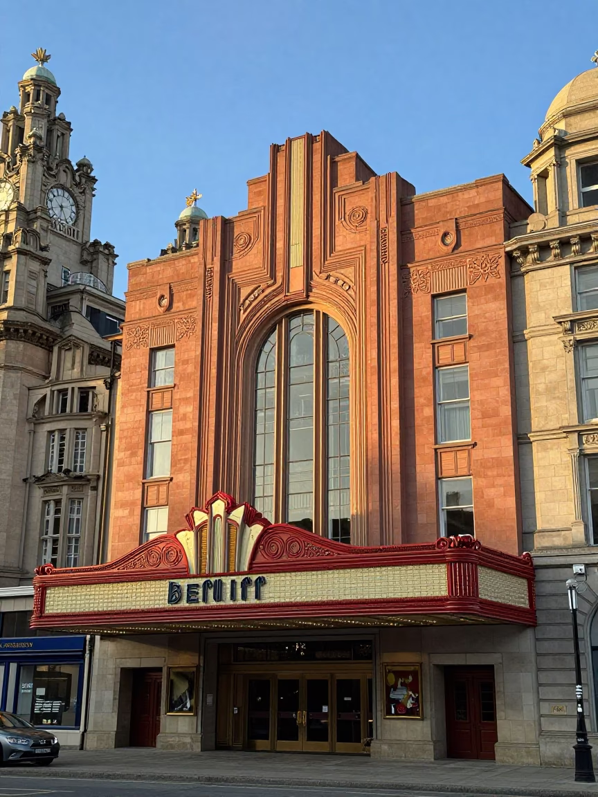 First Light on Liverpool Art Deco Cinema Facade and Victorian Street Scene in in Liverpool, United Kingdom