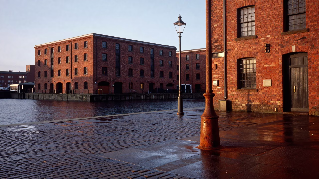 First Light on Liverpool Docks Rusty Lamp Base and Weathered Brickwork in in Liverpool, United Kingdom