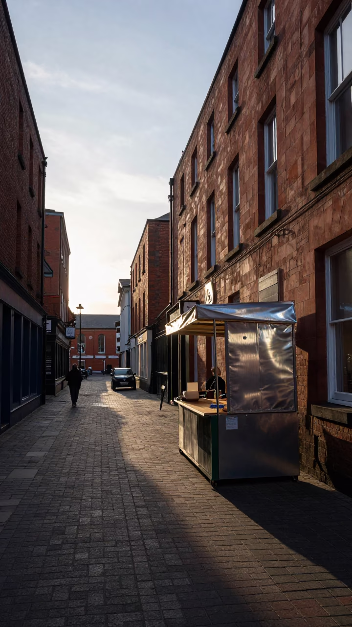 First Light on Liverpool Street with Brushed Steel and Mesh Colander in in Liverpool, United Kingdom