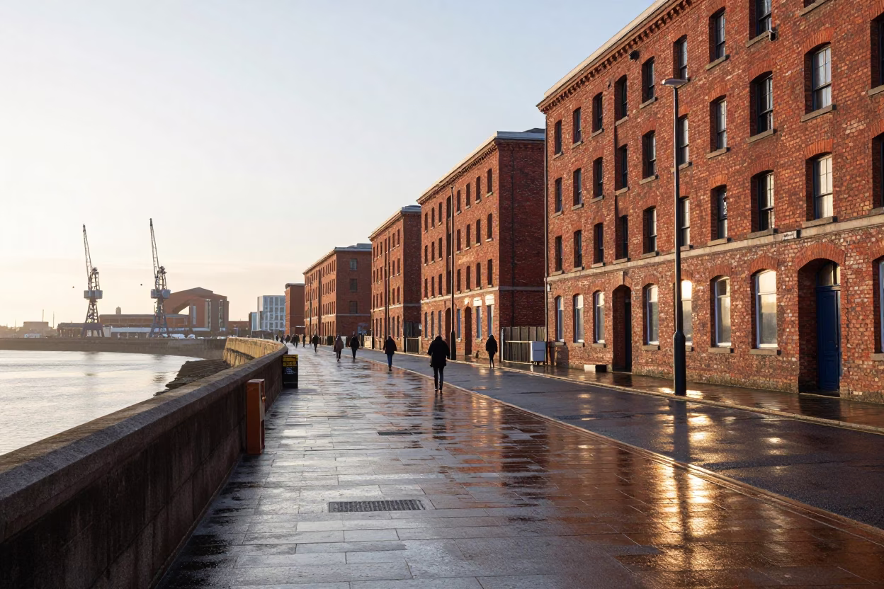 First Light on Liverpool Waterfront Street Scene with Magazine Rack and Local Interaction in in Liverpool, United Kingdom