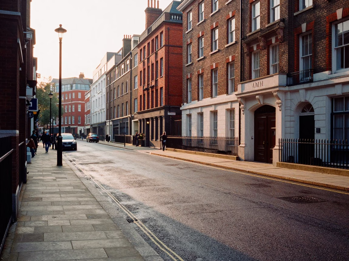 First Light on London Bridge Street with Dusty Pavement and Crowbar in in London, United Kingdom