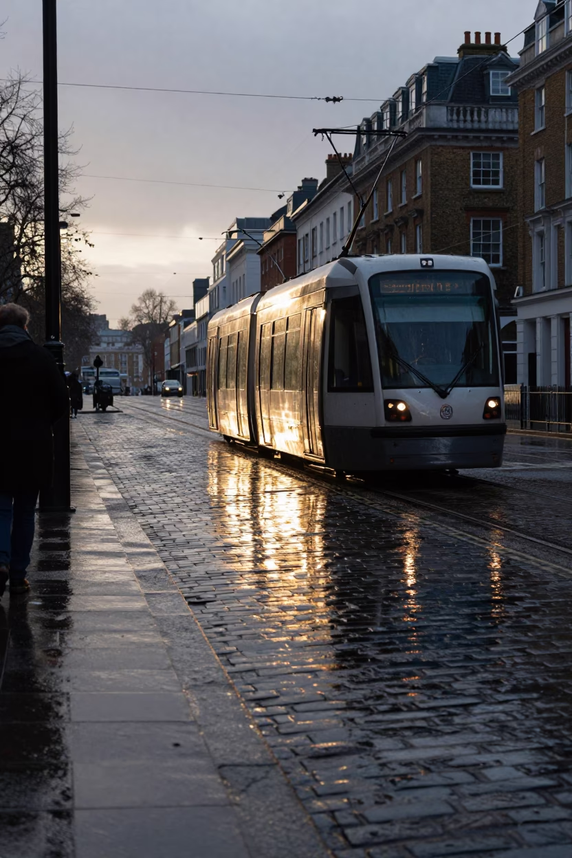 First Light on London Cobblestones with Tram Reflection and Rain in in London, United Kingdom