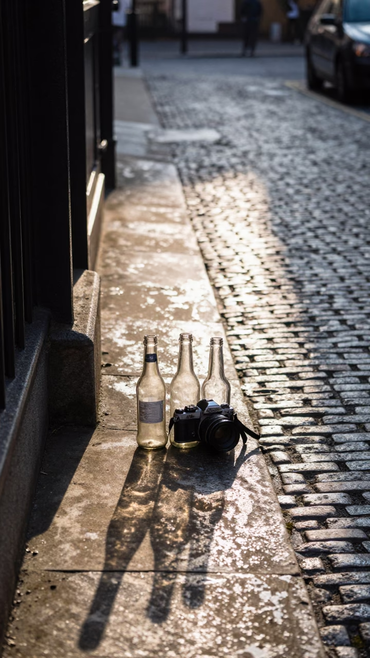 First Light on London Street with Glass Bottles and Metronome in in London, United Kingdom