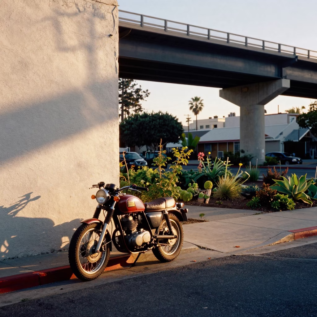 First Light on Los Angeles Street with Vintage Motorcycle and Urban Allotment Gardens in in Los Angeles, California, United States