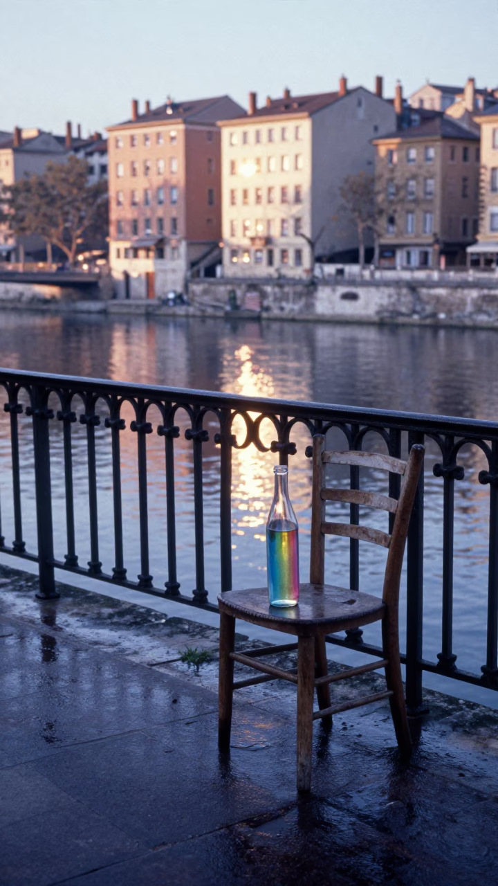 First Light on Lyon Quays Reflecting Rainbow Glass Bottle and Ladder-Back Chair in in Lyon, France