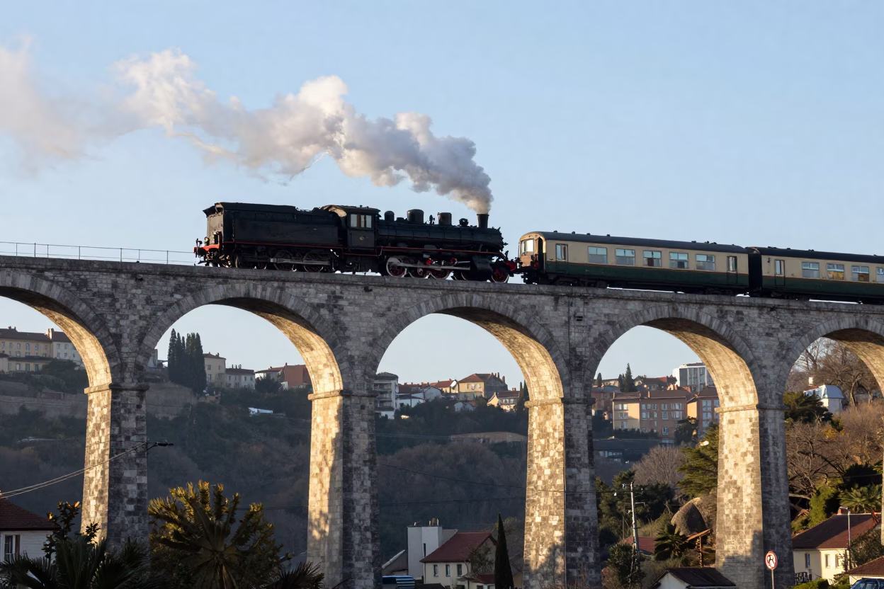First Light on Lyon Railway Viaduct with Steam Train Crossing Arches in France in in Lyon, France