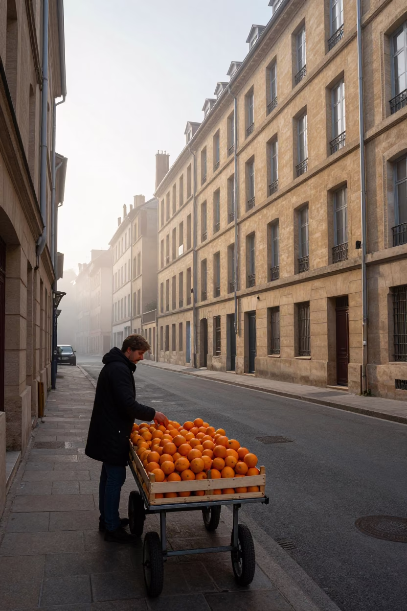 First Light on Lyon Rue Mercière Street with Oranges at Market Stall in in Lyon, France