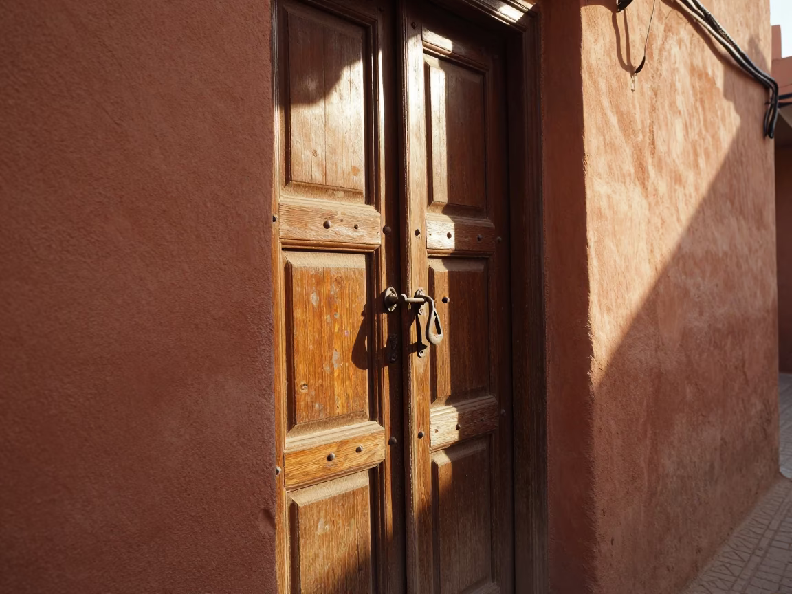 First Light on Marrakech Medina Street with Dusty Latch and Morning Glory Fence in in Marrakech, Morocco
