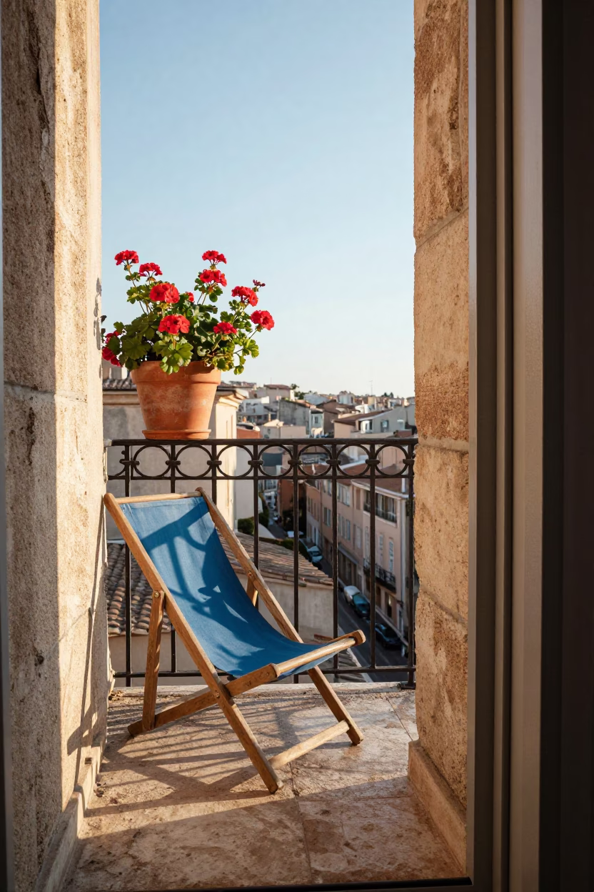 First Light on Marseille Balcony with Flowerpot and Deck Chair in in Marseille, France