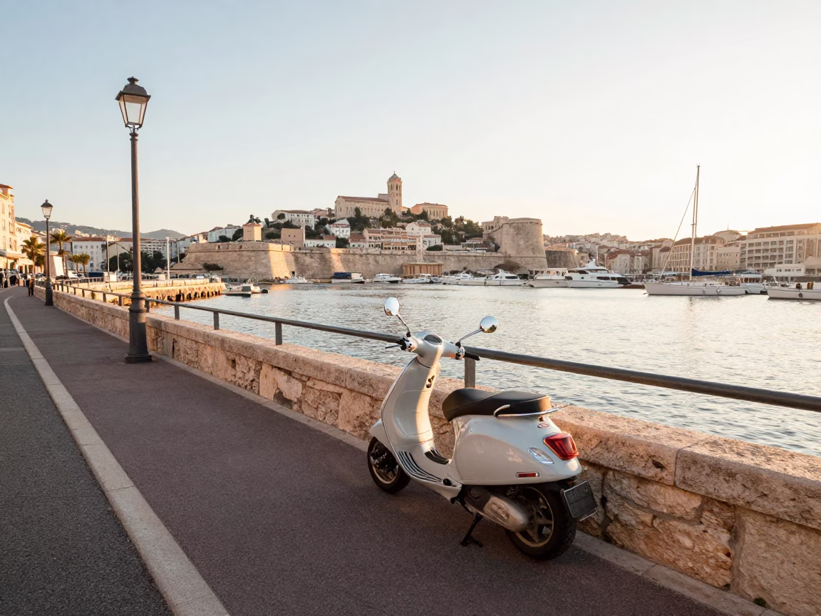 First Light on Marseille Harbor Promenade with Parked Scooter and Morning Market Activity in in Marseille, France