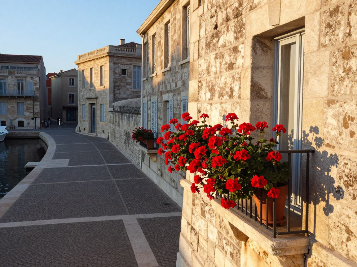 First Light on Marseille Old Port with Geraniums and Vintage Car Rally in in Marseille, France