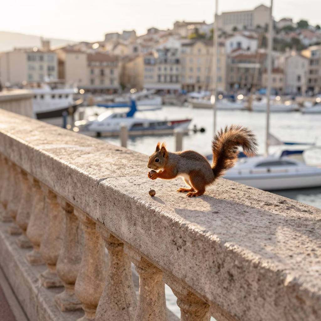 First Light on Marseille Vieux Port Promenade with Squirrel and Jasmine Trellis in in Marseille, France