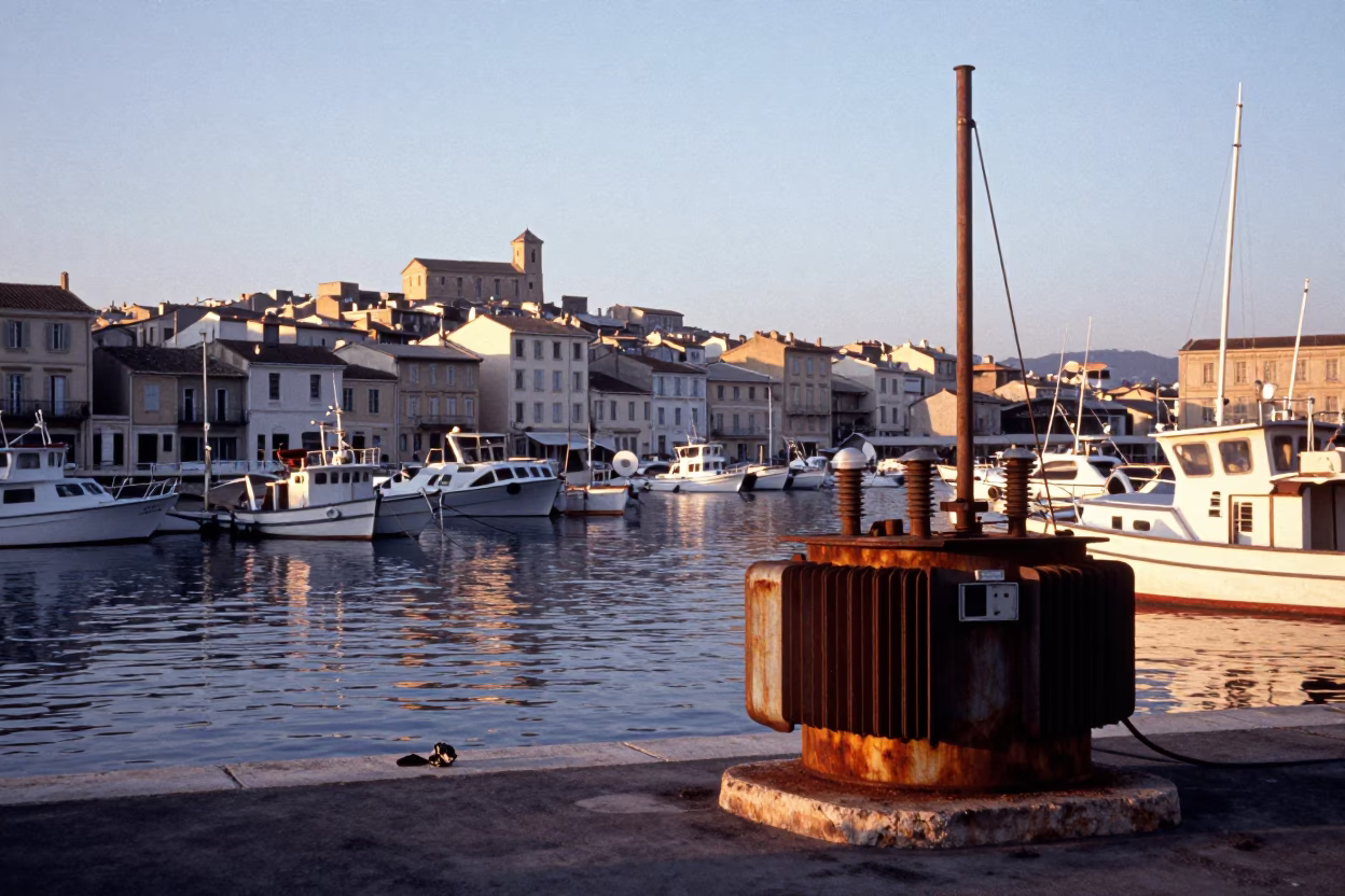 First Light on Marseille Vieux Port with Substation Transformer Yard and Humming Thunderclouds in in Marseille, France