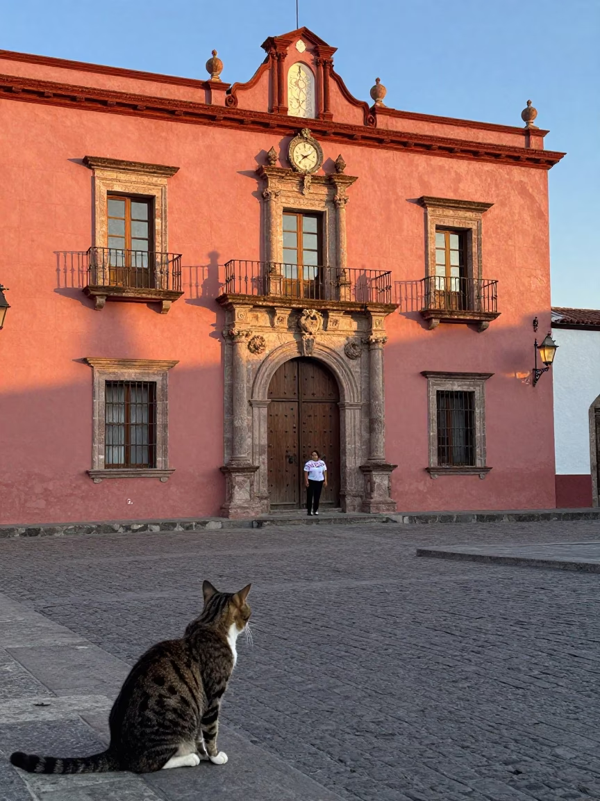 First Light on Merida Plaza with Basil and Cat in Historic Yucatan Setting in in Merida, Mexico