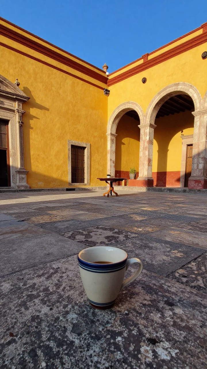 First Light on Merida Plaza with Ceramic Cup and Glass Pitcher on Stone Table in in Merida, Mexico