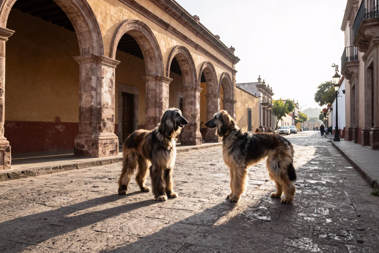 First Light on Merida Street with Afghan Hound and Local Market Details in in Merida, Mexico