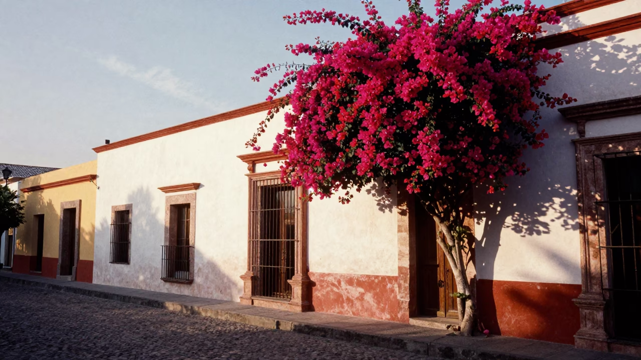 First Light on Merida Street with Vibrant Bougainvillea and Colonial Architecture in in Merida, Mexico