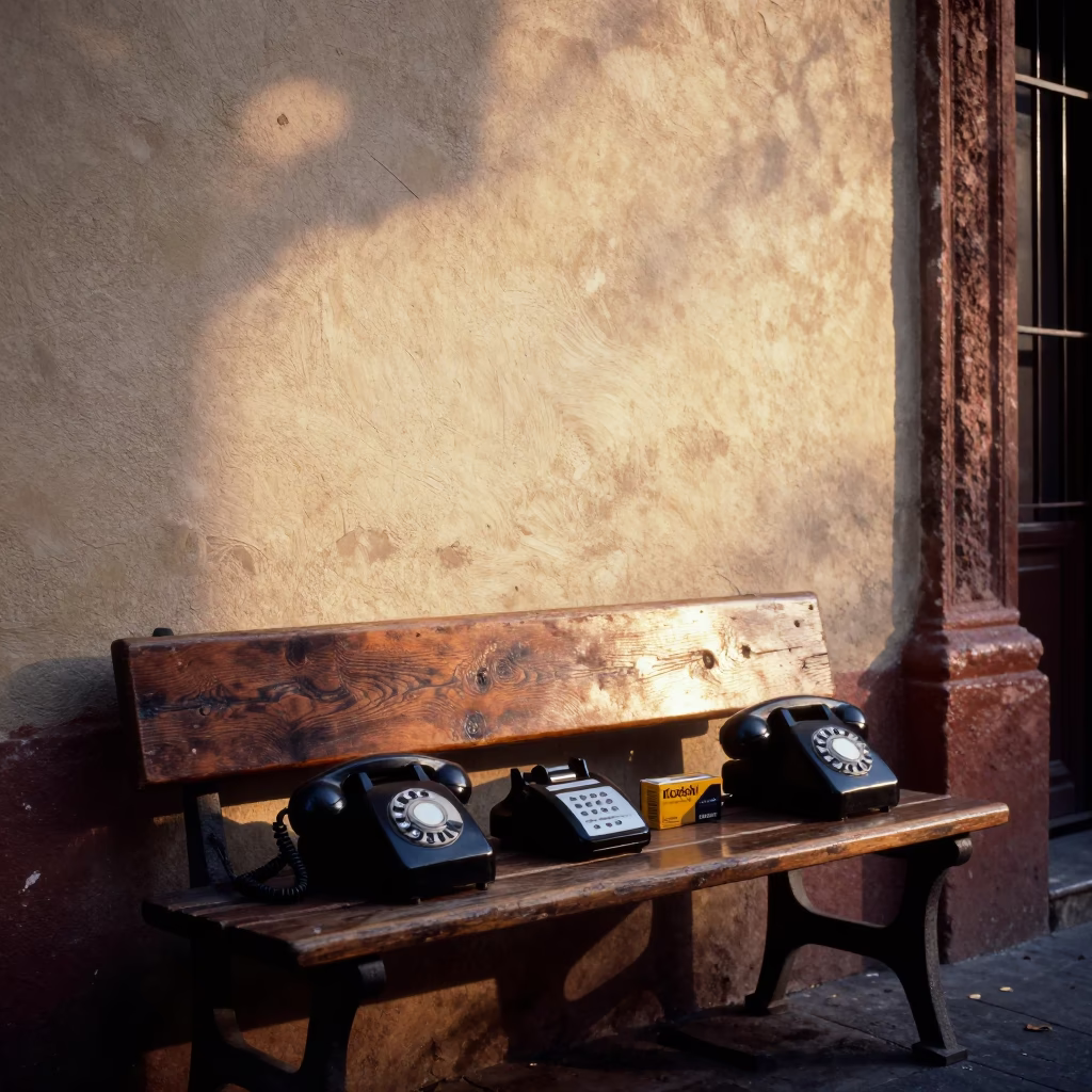 First Light on Mexico City Street with Vintage Bakelite Telephone and Lichen Boulder in in Mexico City, Mexico