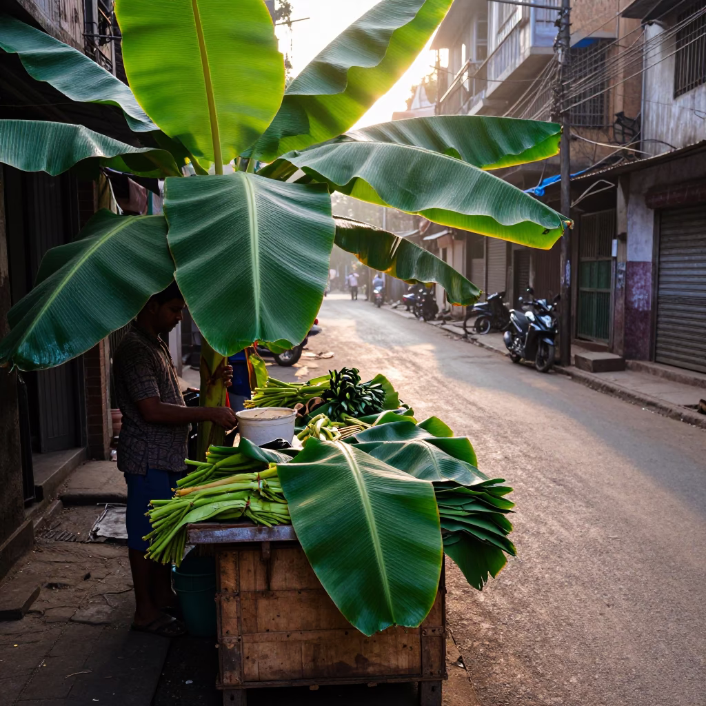 First light on Mumbai street with banana leaves and local vendor stall in in Mumbai, India