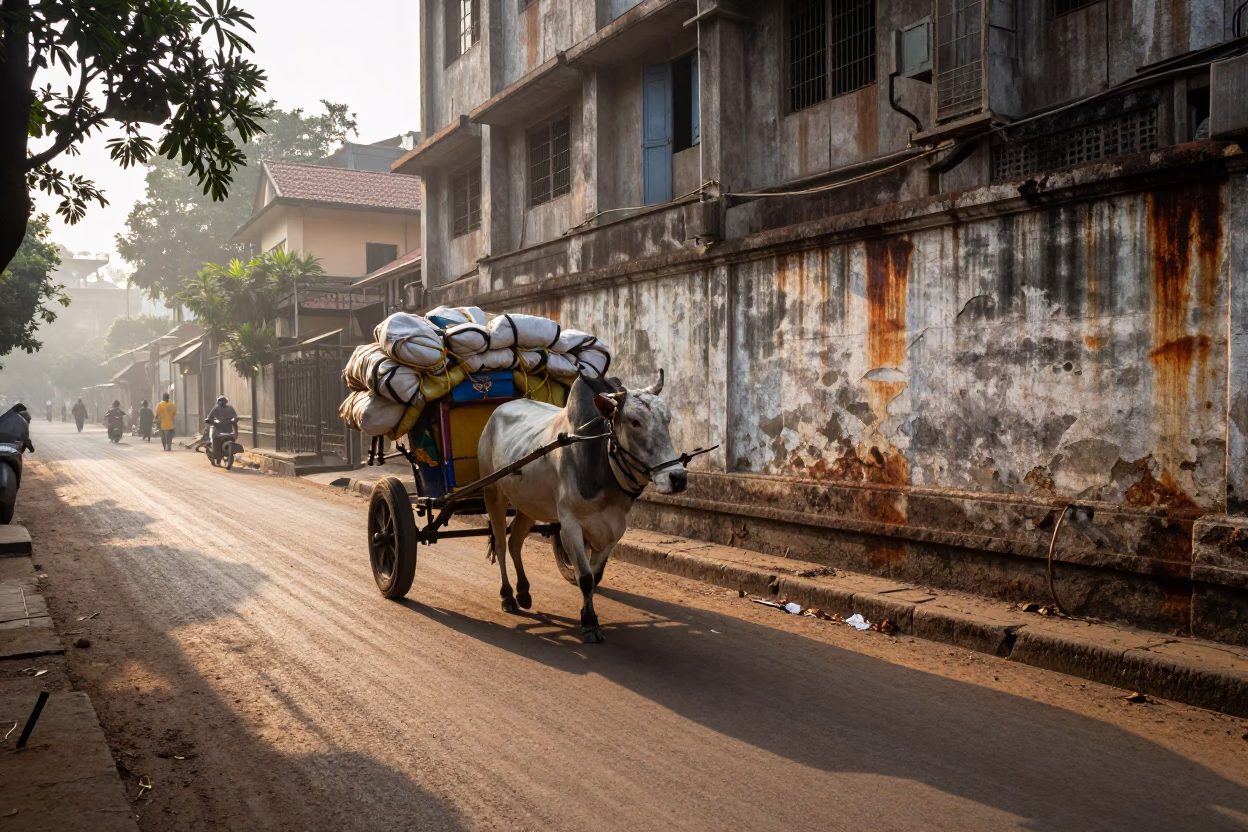 First Light on Mumbai Street with Ox Cart and Rusty Wall in in Mumbai, India