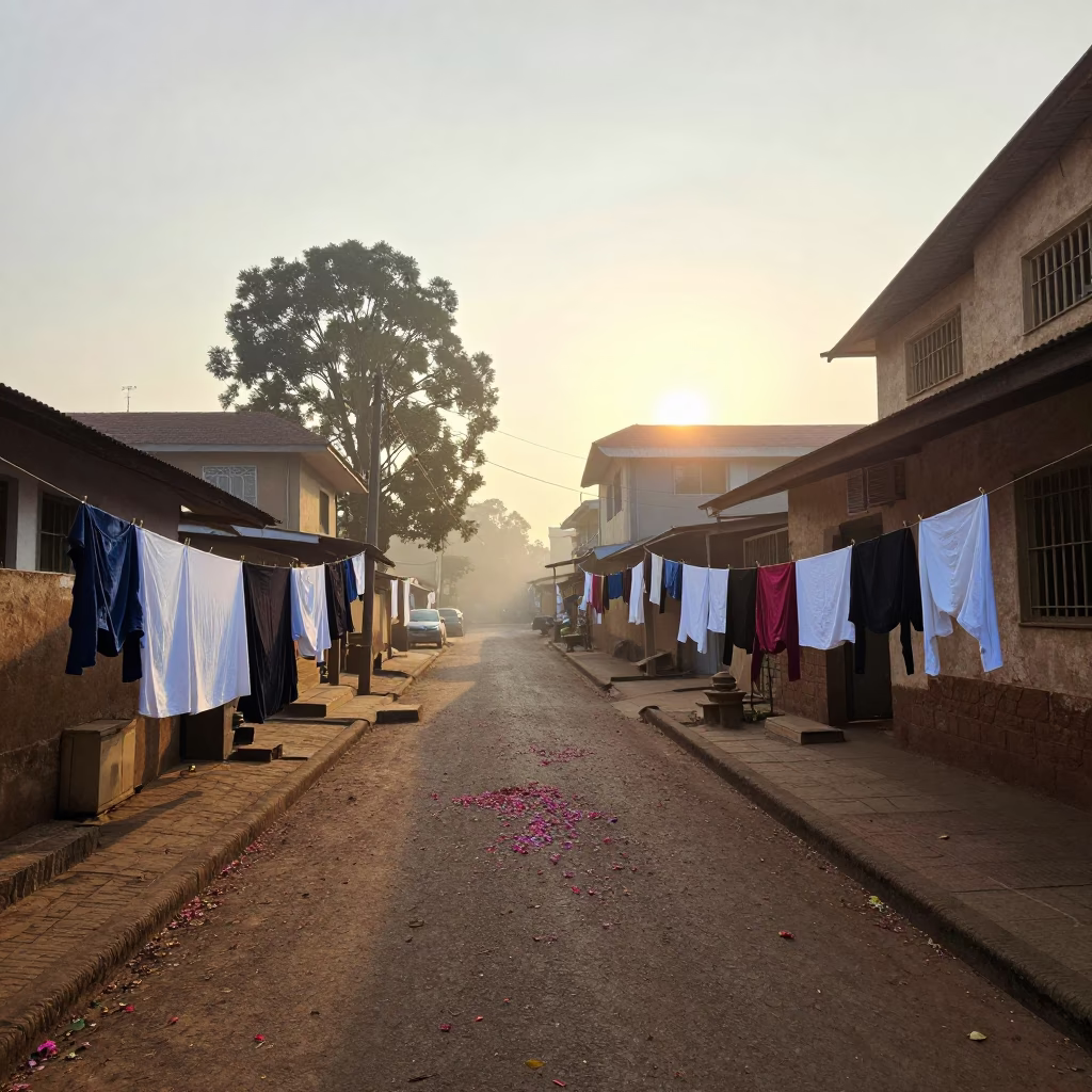 First light on Nairobi street scene with laundry hanging and morning activity in in Nairobi, Kenya