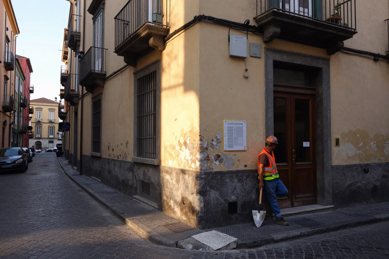 First Light on Naples Street Corner with Trowel and Dust Details in in Naples, Italy