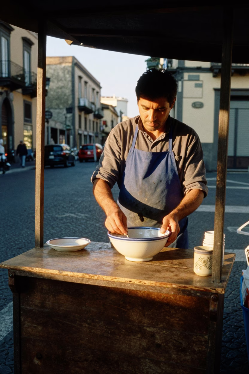 First Light on Naples Street with Ceramic Bowl and Aprons in in Naples, Italy