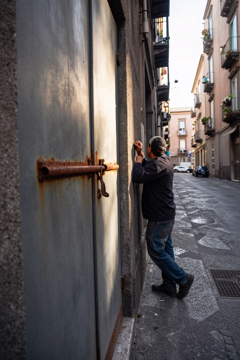 First Light on Naples Street with Rust Latch and Construction Pile Driver in in Naples, Italy