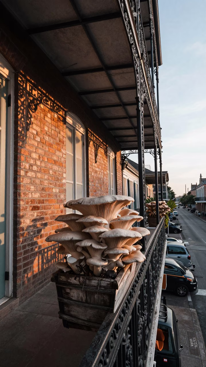 First Light on New Orleans Balcony with Oyster Mushrooms and Pine Needles in in New Orleans, Louisiana, United States