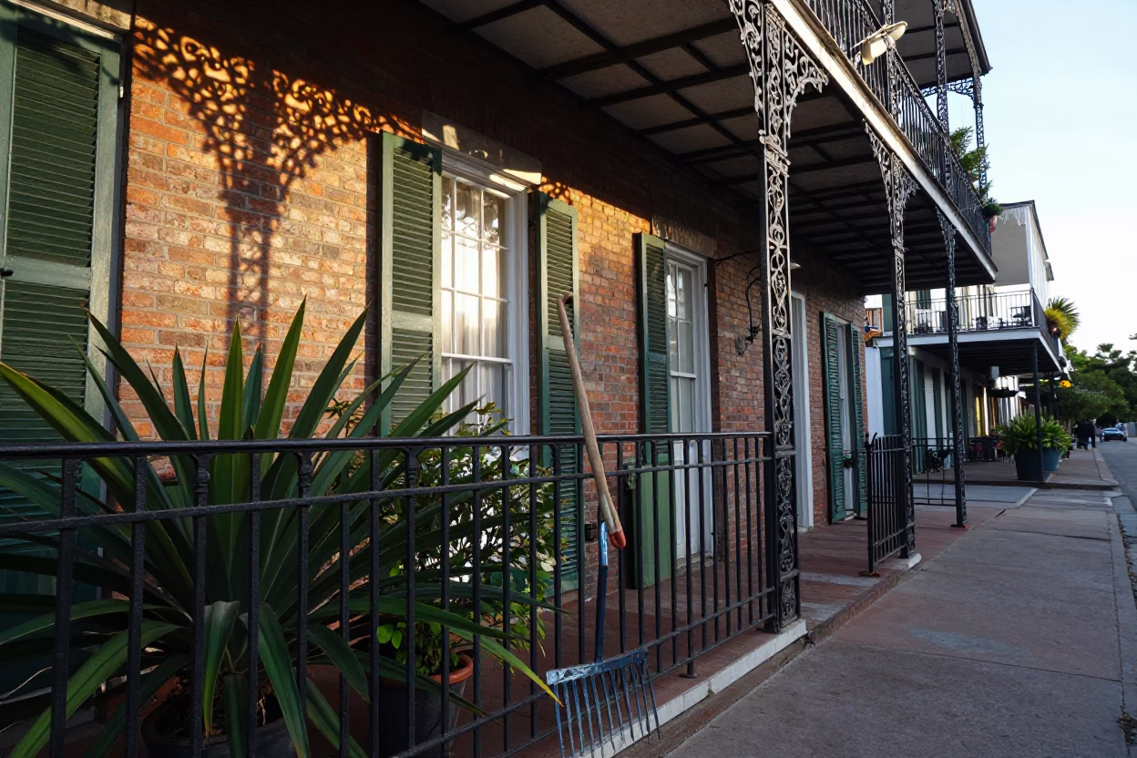 First Light on New Orleans French Quarter Balcony with Garden Rake and Raincoats in in New Orleans, Louisiana, United States