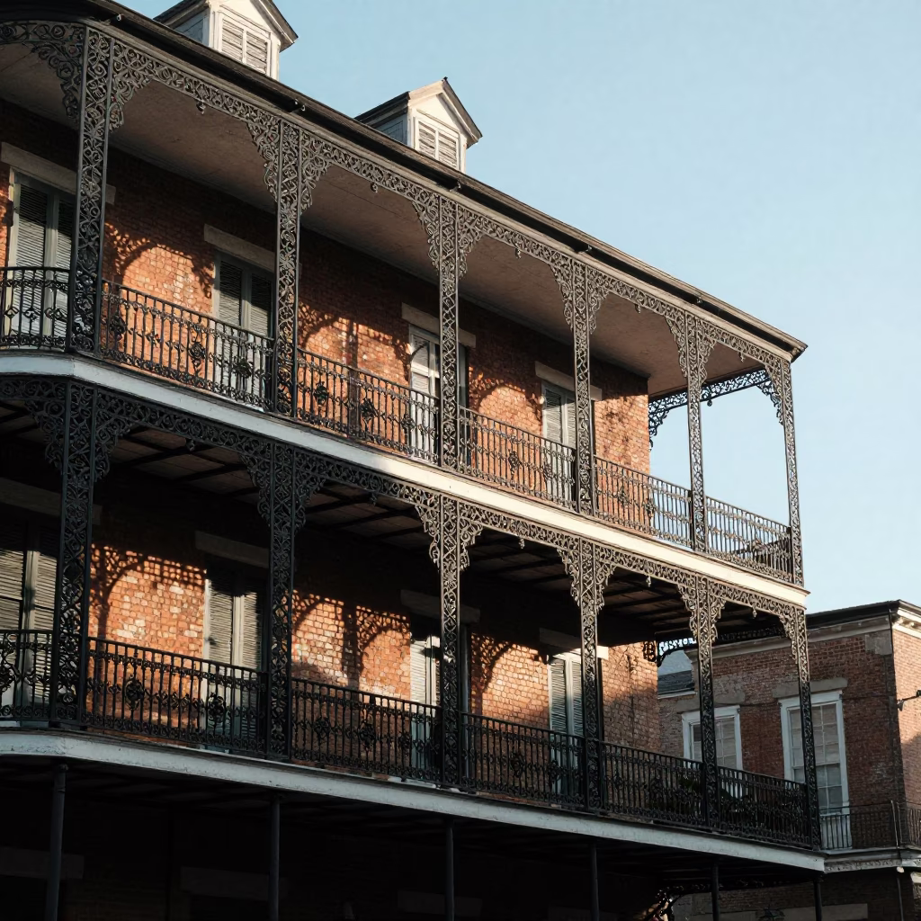 First Light on New Orleans Ironwork Balconies and Brick Facades in in New Orleans, Louisiana, United States