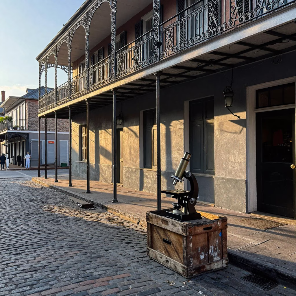 First Light on New Orleans Street Corner with Antique Microscope and Porcelain Jar in in New Orleans, Louisiana, United States