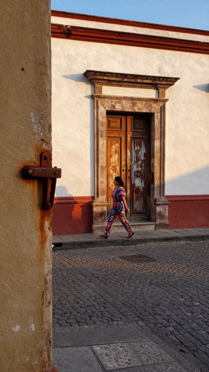 First Light on Oaxaca Street with Rusty Iron Deadbolt and High Fashion 1980s Aesthetic in in Oaxaca, Mexico