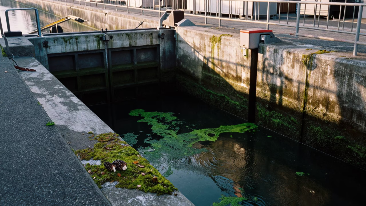 First Light on Osaka Canal Floodgate with Algae and Urban Riverbank Details in in Osaka, Japan
