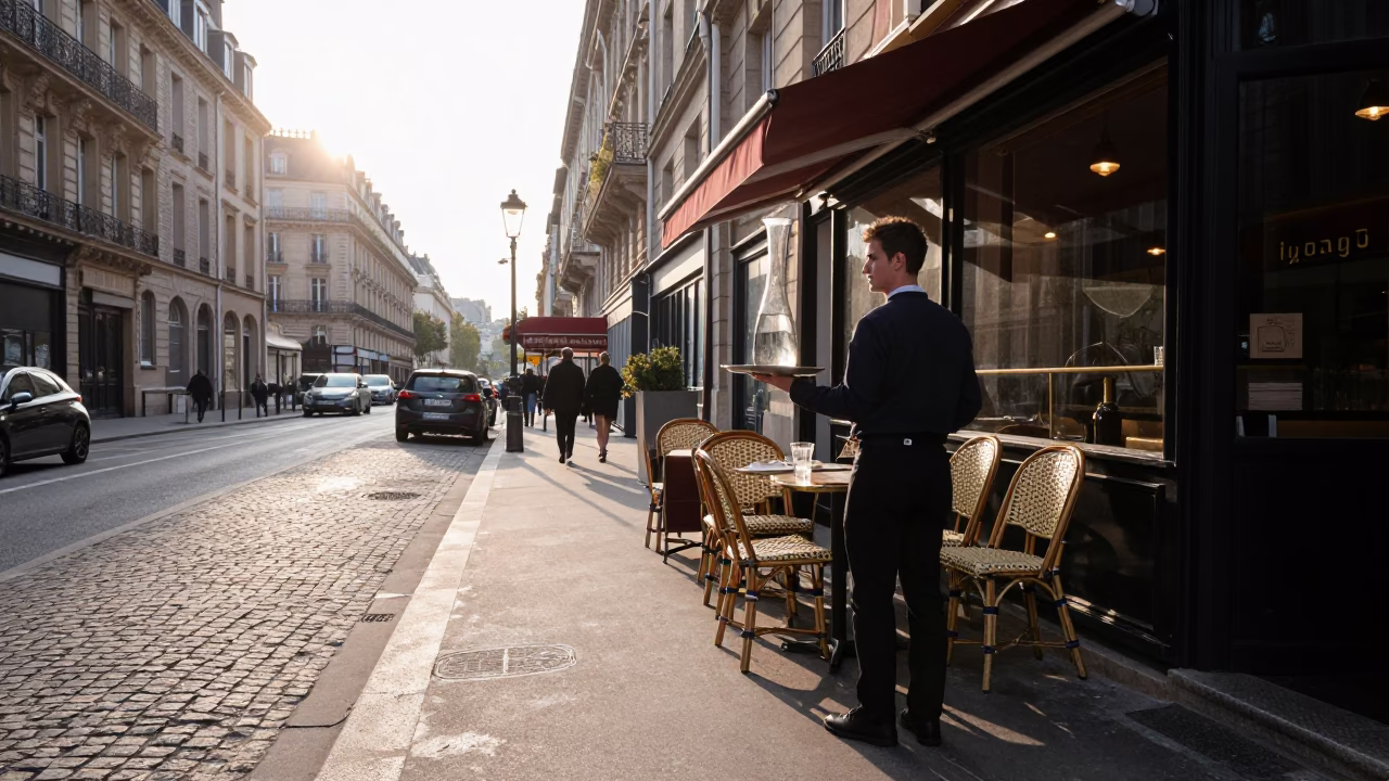 First light on Parisian street with glass carafe and linen fringe details in in Paris, France