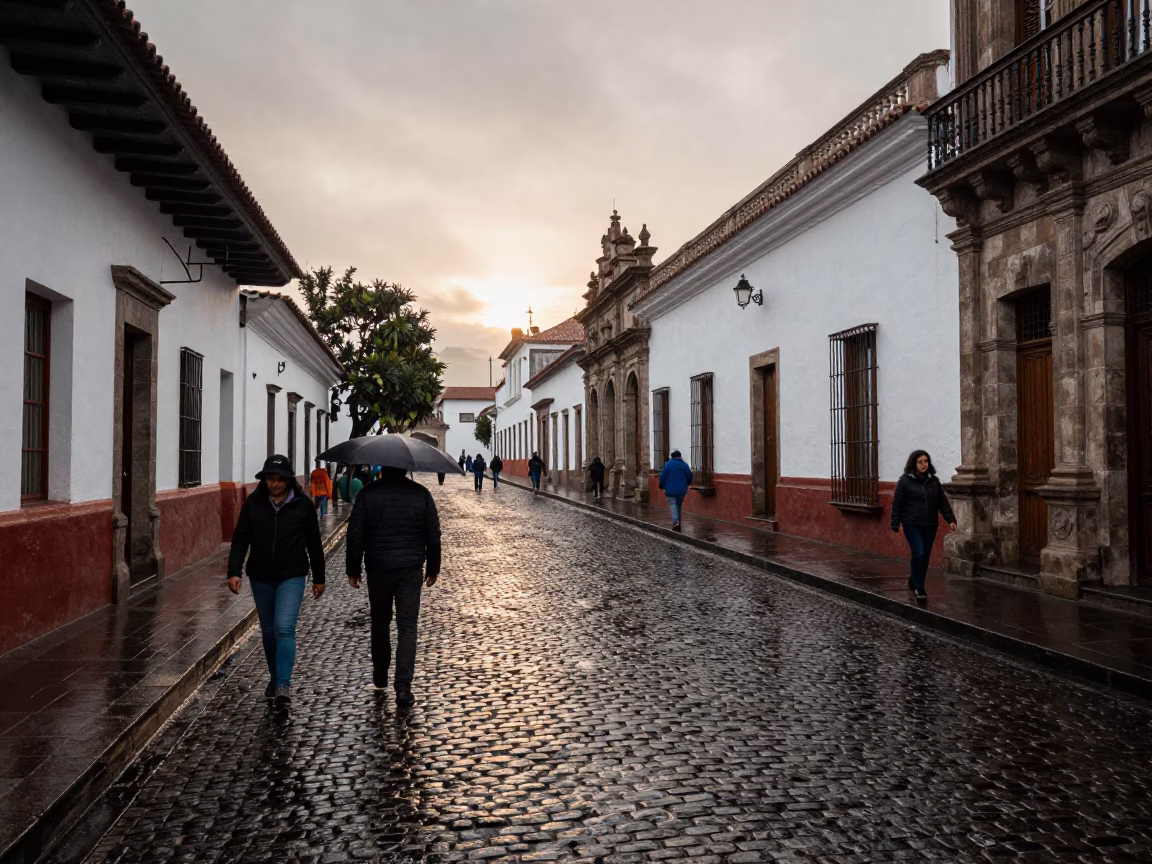 First Light on Pedestrians in Quito in in Quito, Ecuador