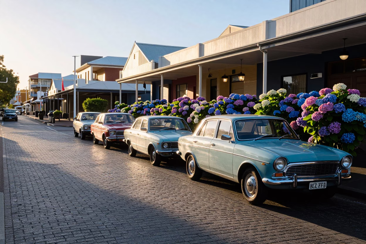First Light on Perth Wharf Street with Hydrangeas and Vintage Car in in Perth, Western Australia, Australia