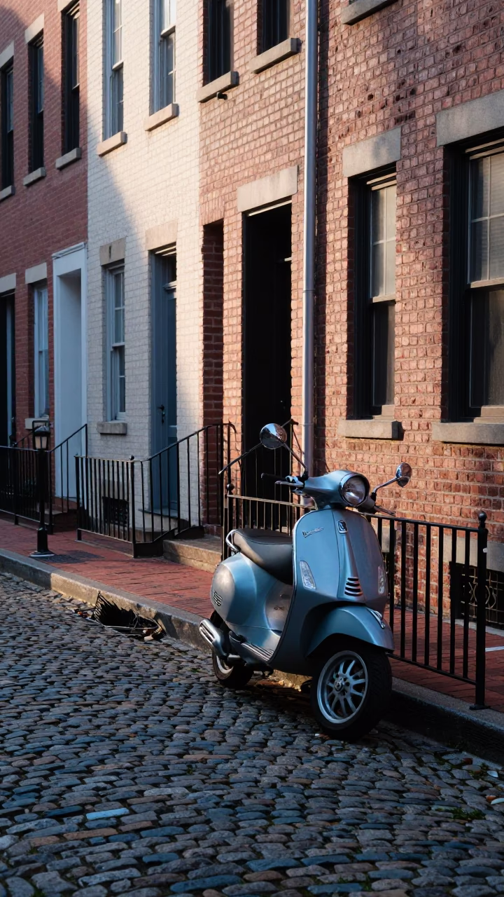 First Light on Philadelphia Cobblestone Street with Vintage Vespa and Local Morning Details in in Philadelphia, Pennsylvania, United States