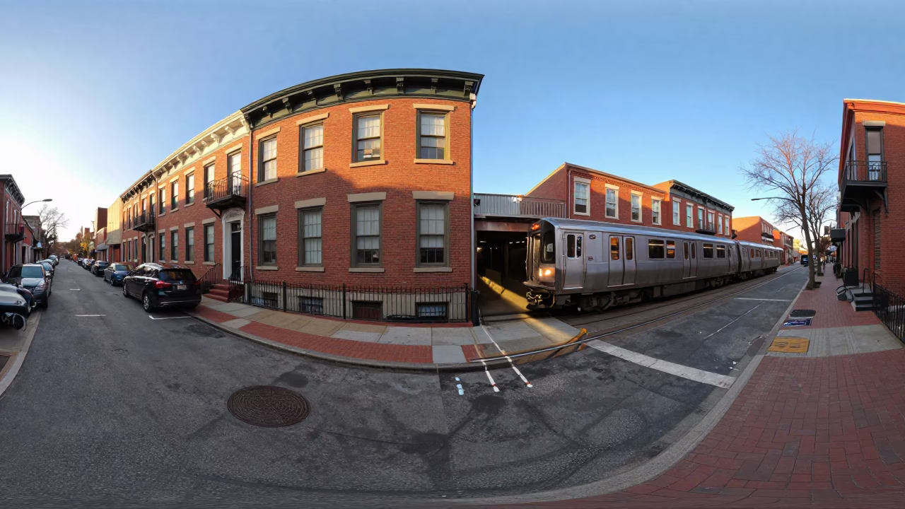 First Light on Philadelphia Street Corner with Metro Train and Urban Canal in in Philadelphia, Pennsylvania, United States