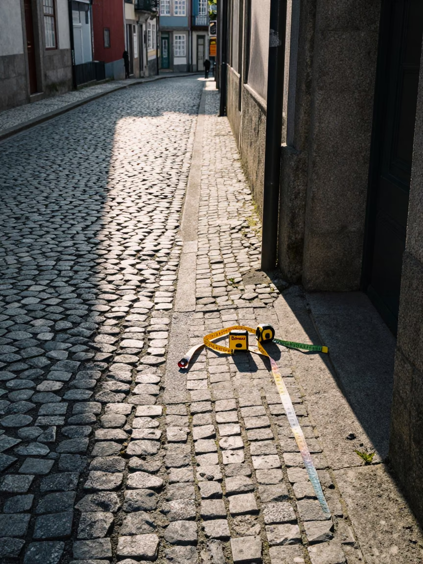 First Light on Porto Cobblestones with Measuring Tapes and Local Life in in Porto, Portugal