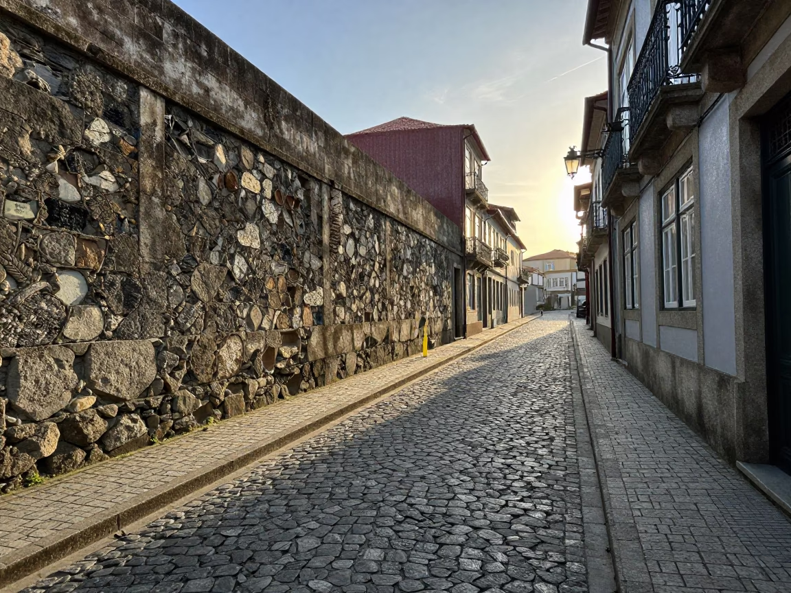 First Light on Porto Ribeira District Cobblestones with Vintage Espresso and Glass Jar in in Porto, Portugal